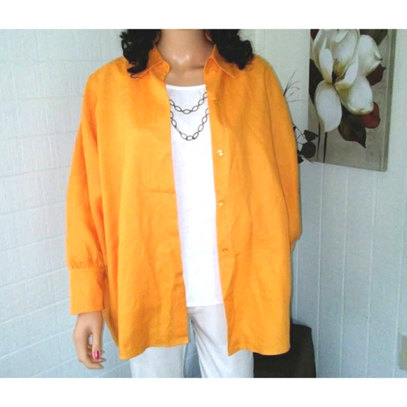 Neiman Marcus Tops - Orange Linen Button Down Top with Wide Sleeves
